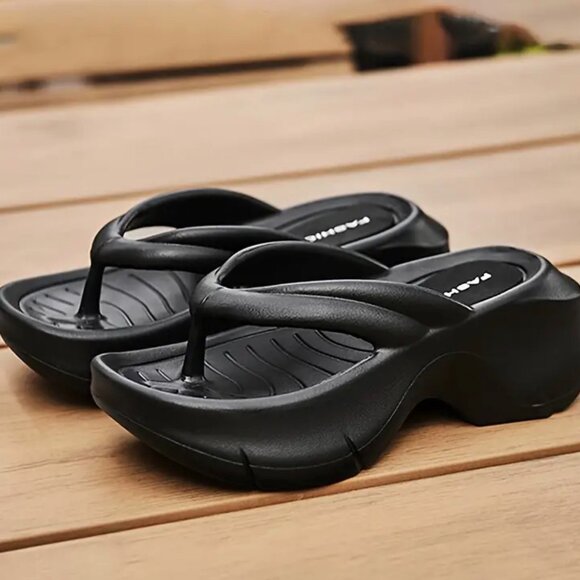 NEW Black Women's Solid Color Flip Flops Casual Wedge Platform Sandal size 5.5-6 - Picture 7 of 11